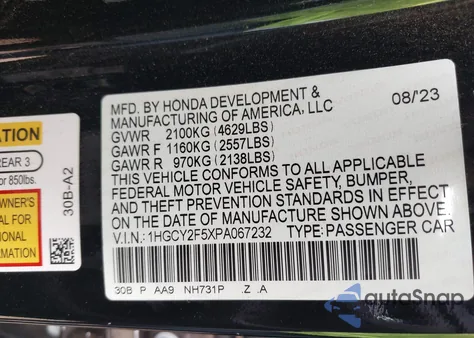 2023 Honda Accord Hybrid Sport from USA, damaged, VIN 1HGCY2F5XPA067232